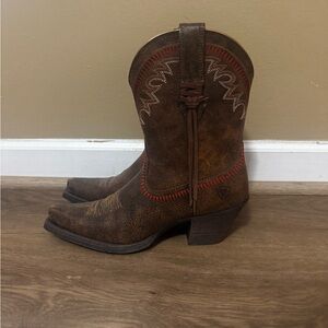 Ariat Brown Leather Western Heeled Boots with Red Stitching